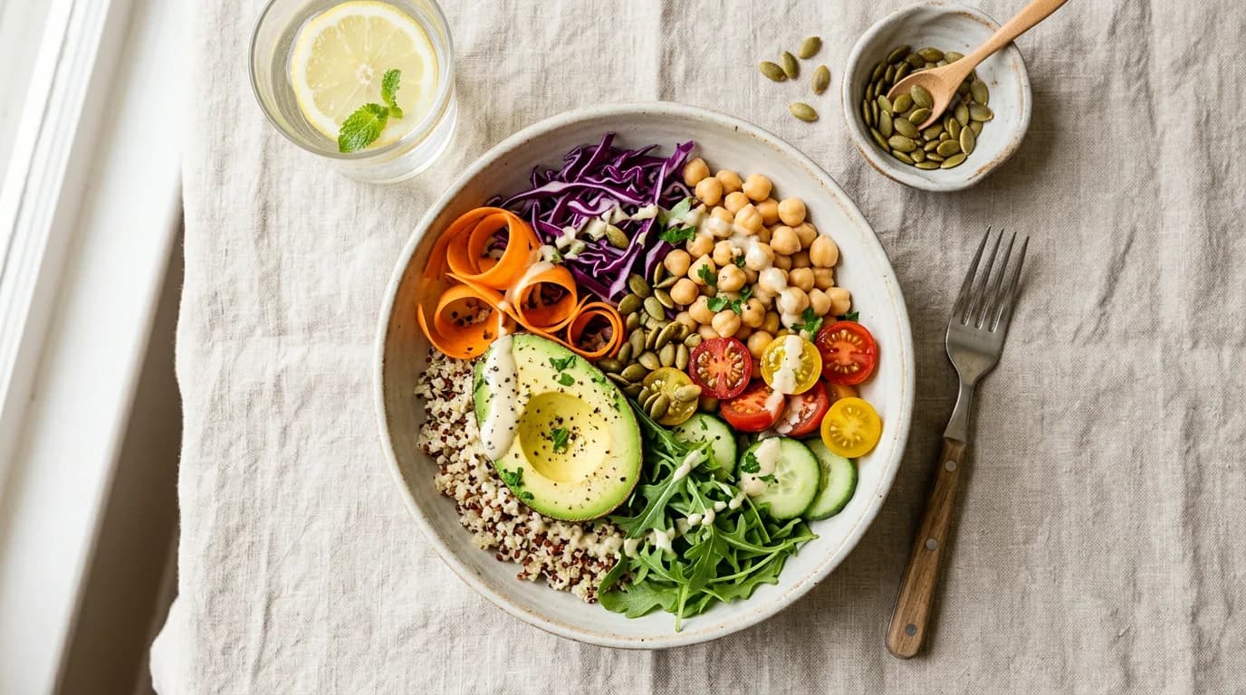 High-fiber chickpea and avocado bowl with quinoa, red cabbage, carrots, cherry tomatoes and greens