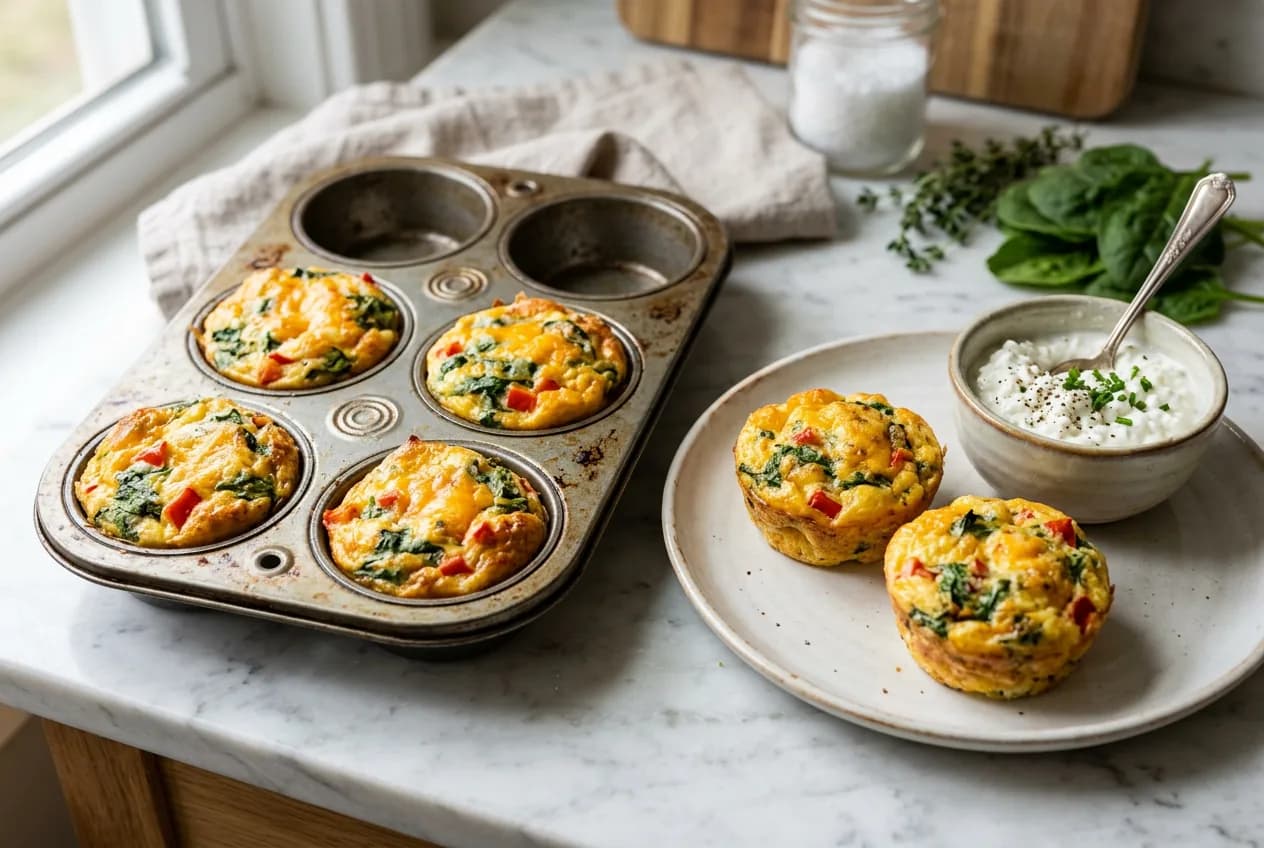 Baked cottage cheese egg muffins with spinach, red pepper and cheddar in a muffin tin, with two muffins on a plate next to a bowl of cottage cheese