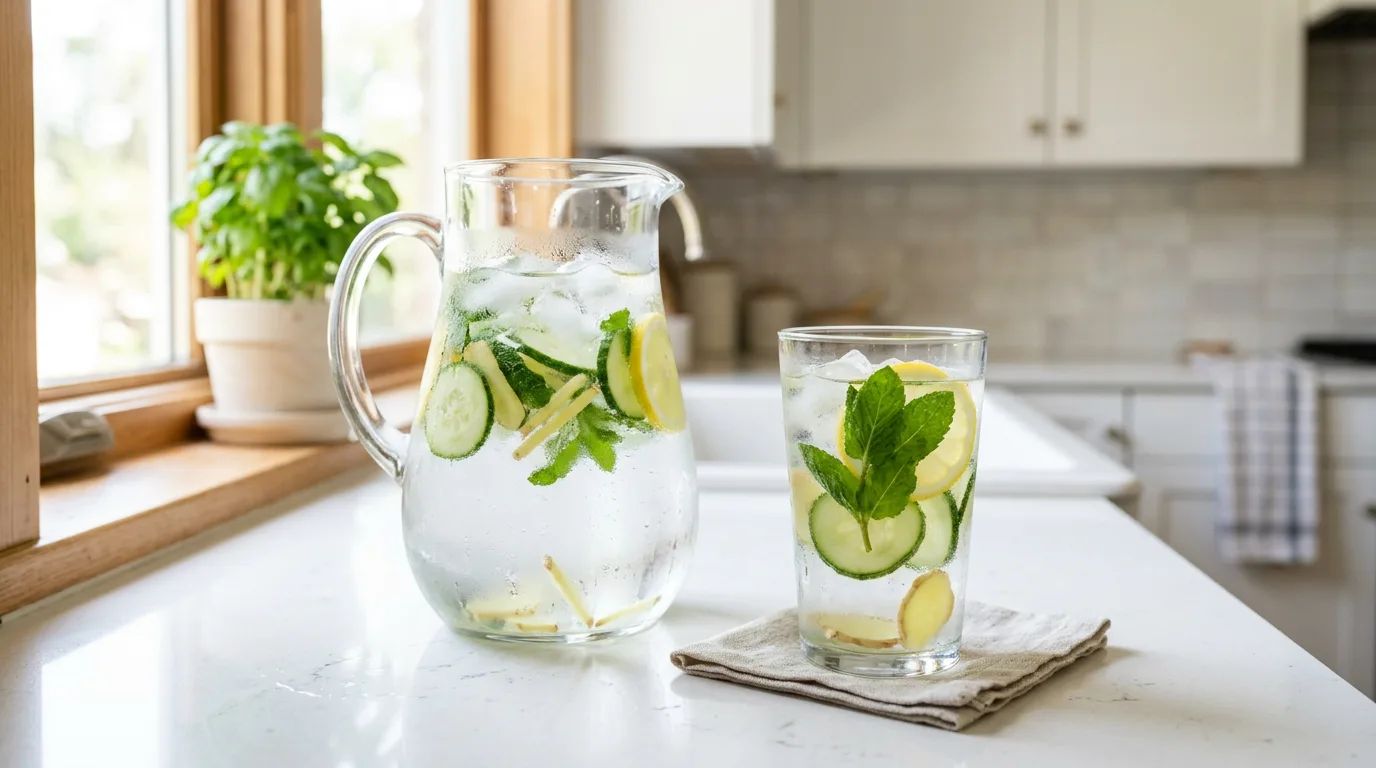 Pitcher and glass of cucumber lemon water with mint and ginger