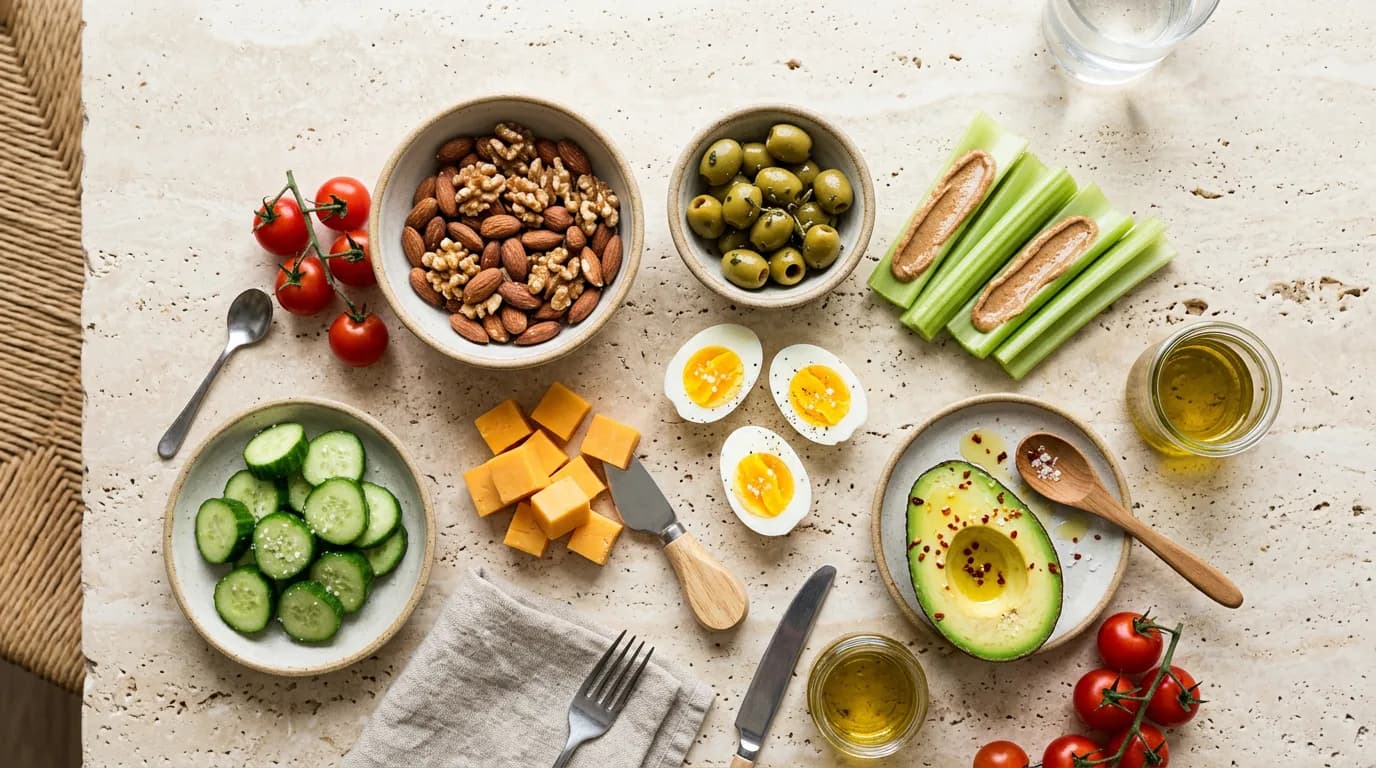 Easy keto snacks: nuts, olives, cheese cubes, boiled eggs, celery with almond butter and avocado