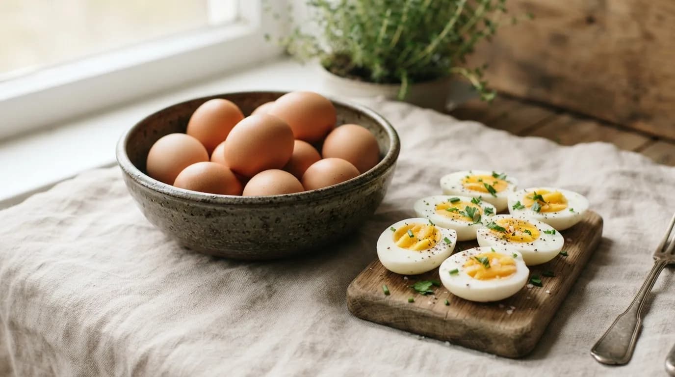 A bowl of brown eggs and halved hard-boiled eggs with fresh herbs on a light kitchen table