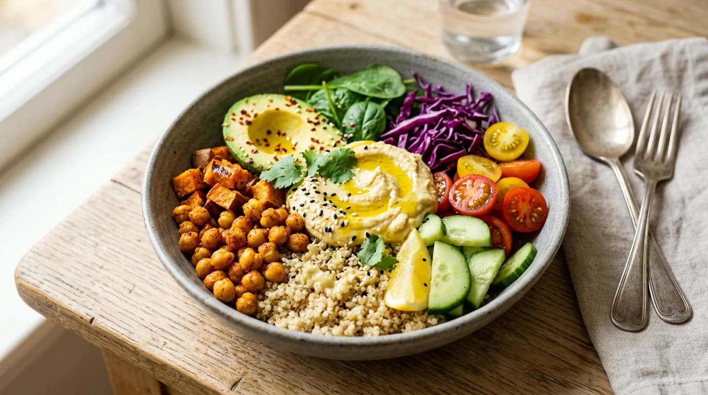 Fiber-rich Buddha bowl with quinoa, roasted chickpeas, sweet potato, avocado, hummus and vegetables