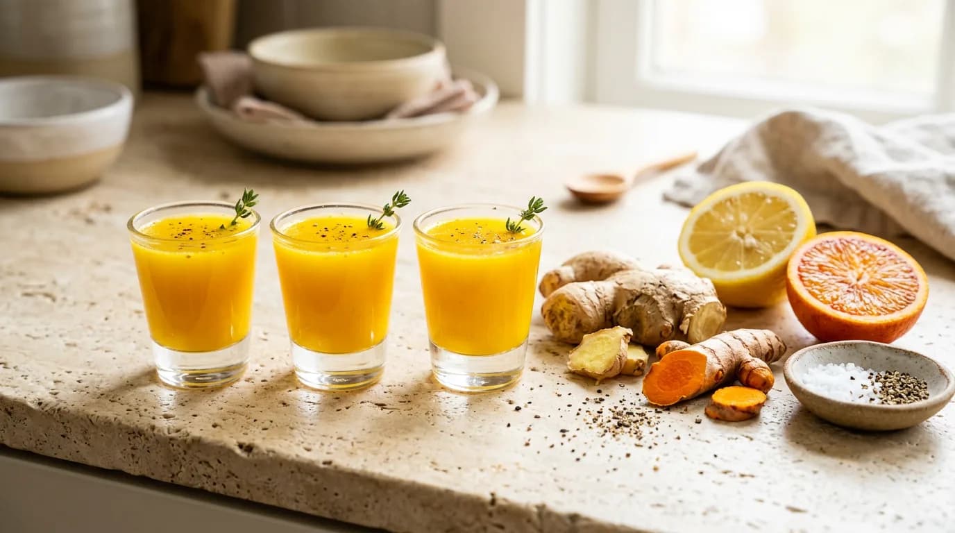 Three ginger turmeric wellness shots with fresh ginger, turmeric root, lemon and orange
