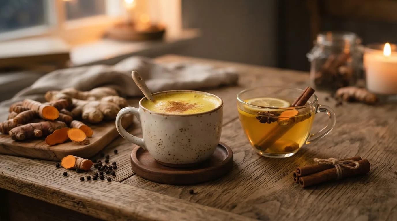 A mug of golden milk and a glass cup of ginger turmeric tea with lemon, fresh ginger and turmeric roots on a wooden table