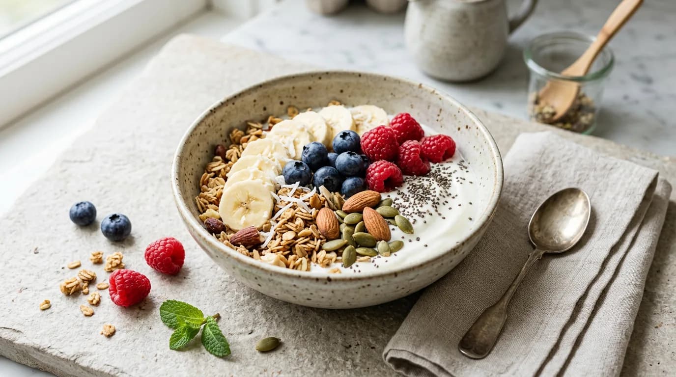 Greek yogurt bowl with banana, blueberries, raspberries, granola, almonds and seeds