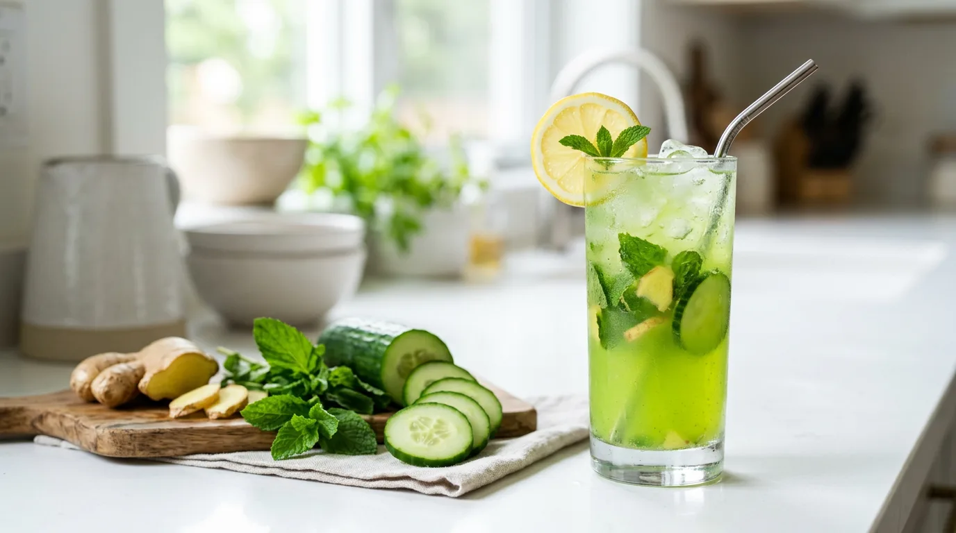 Green drink with cucumber, lemon, ginger and mint in a tall glass with ice