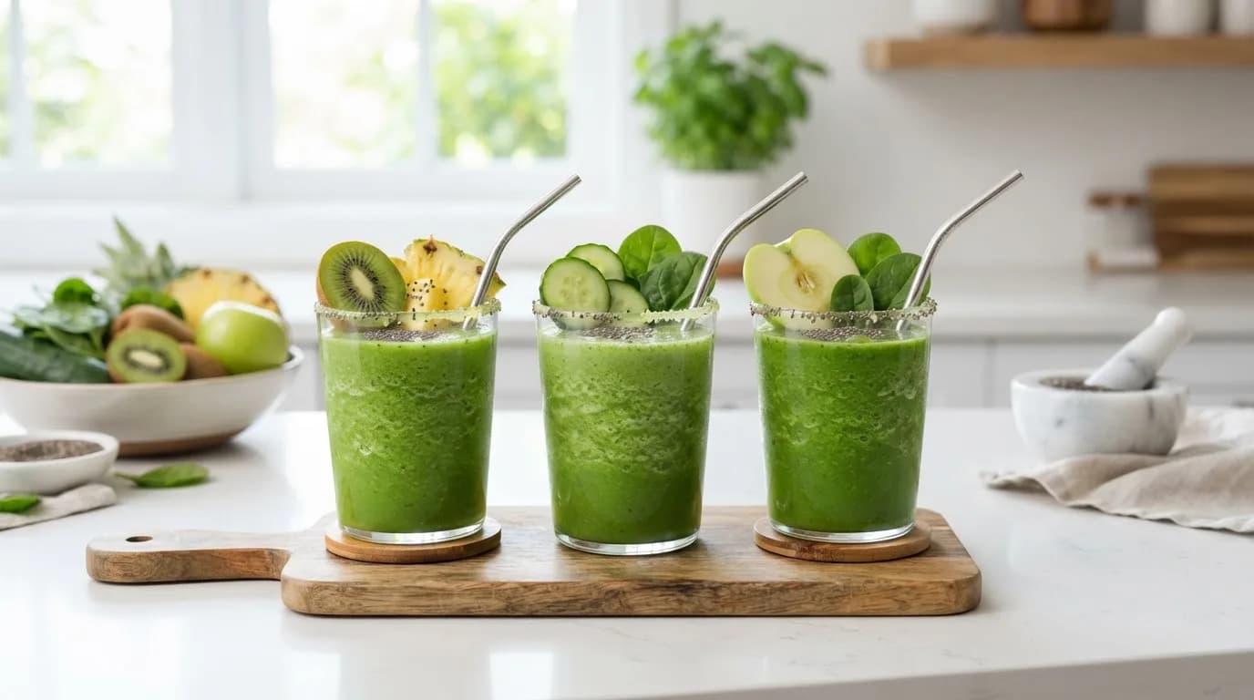 Several green smoothies in glasses with spinach, kiwi, pineapple, cucumber, green apple and chia seeds on a bright kitchen counter