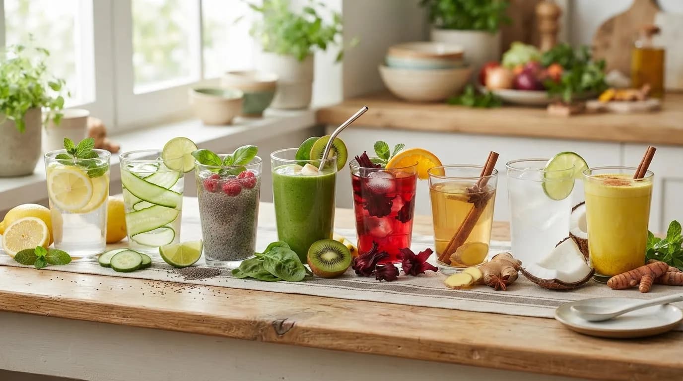 Ten healthy drinks in glasses: lemon water, cucumber water, chia drink, green smoothie, hibiscus tea, ginger tea, coconut water and turmeric milk