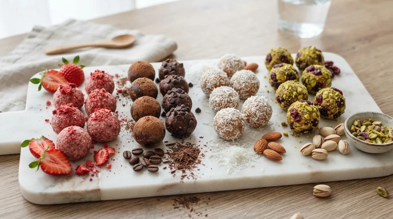 Healthy no-bake energy balls in different flavors on a marble board with strawberries, coconut, pistachios and coffee beans