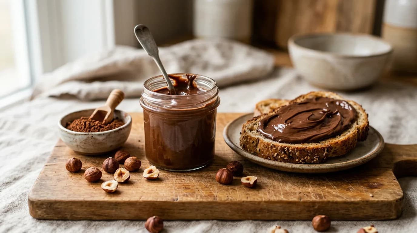 Jar of healthy homemade chocolate hazelnut spread with toast and hazelnuts