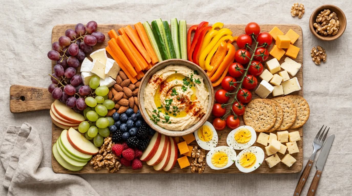 Healthy snack board with hummus, vegetables, fruit, nuts, cheese, crackers and eggs