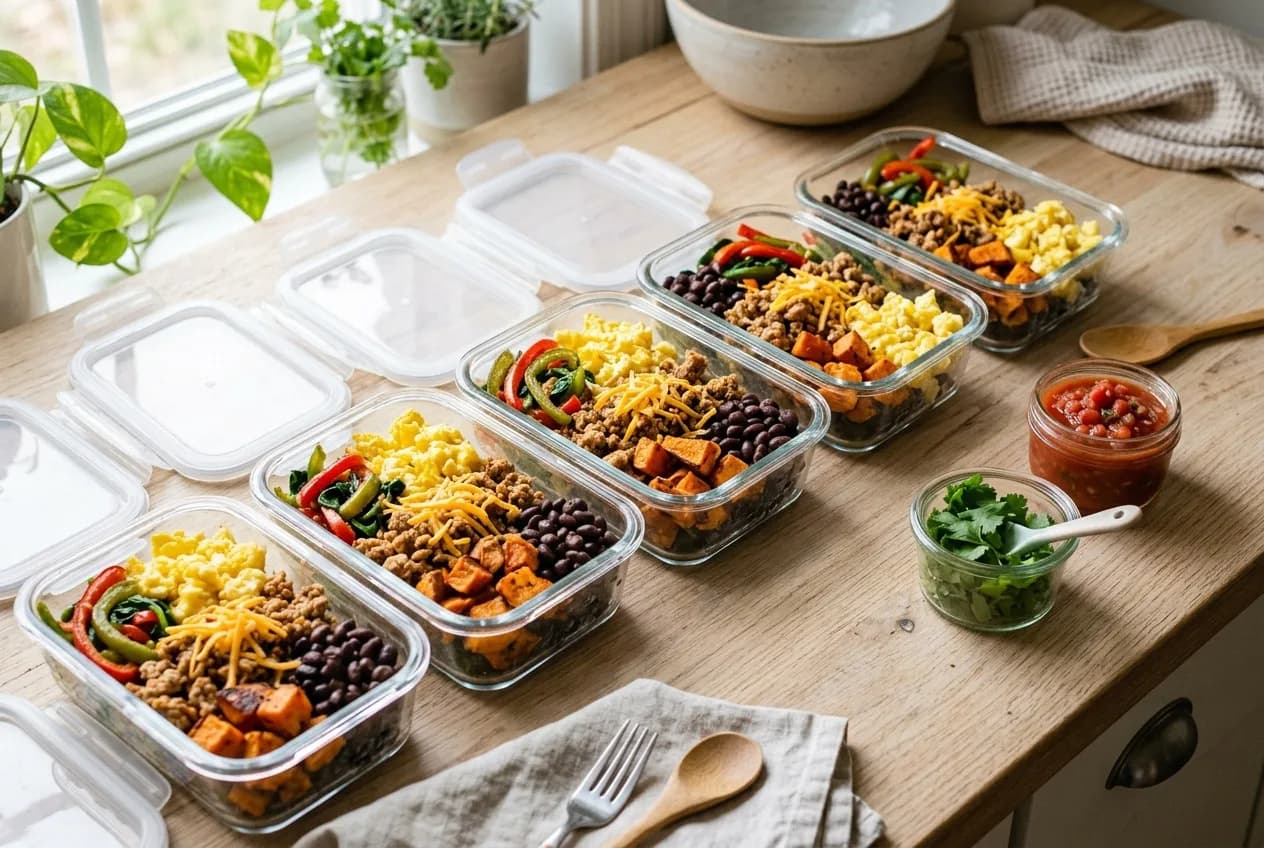 Five glass meal prep containers with high-protein breakfast bowls of scrambled eggs, ground turkey, roasted sweet potato, black beans, peppers and cheddar on a wooden counter