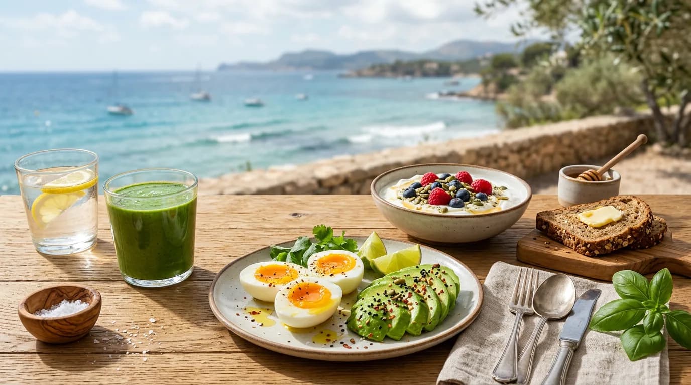 High-protein breakfast with soft-boiled eggs, sliced avocado, Greek yogurt with berries, green smoothie and lemon water on a sunny table by the sea
