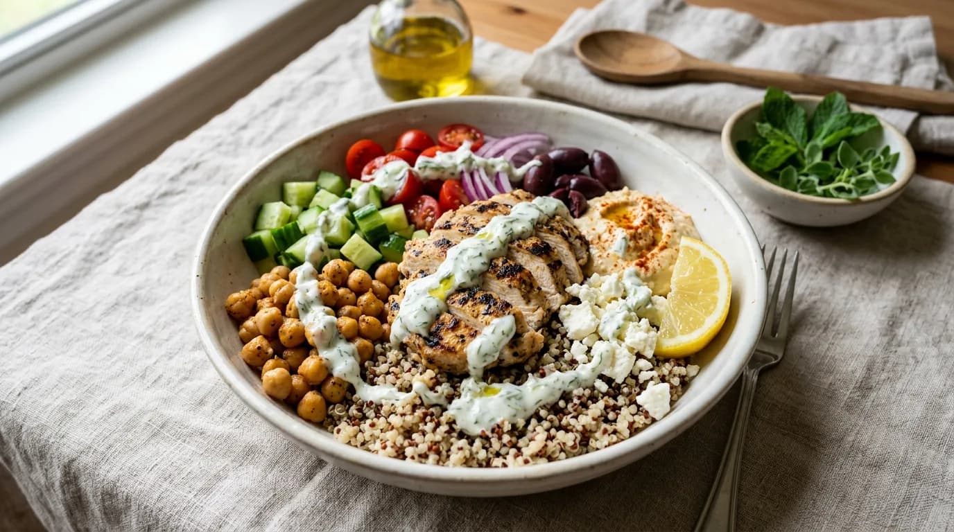 High-protein Mediterranean bowl with grilled chicken, quinoa, chickpeas, cucumber, tomatoes, olives, feta, hummus and lemon