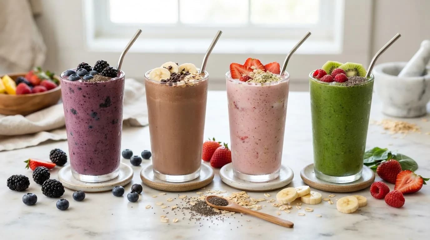 Four high-protein smoothies in glasses, purple berry, chocolate banana, pink strawberry oat and green berry, with fresh fruit on a light counter