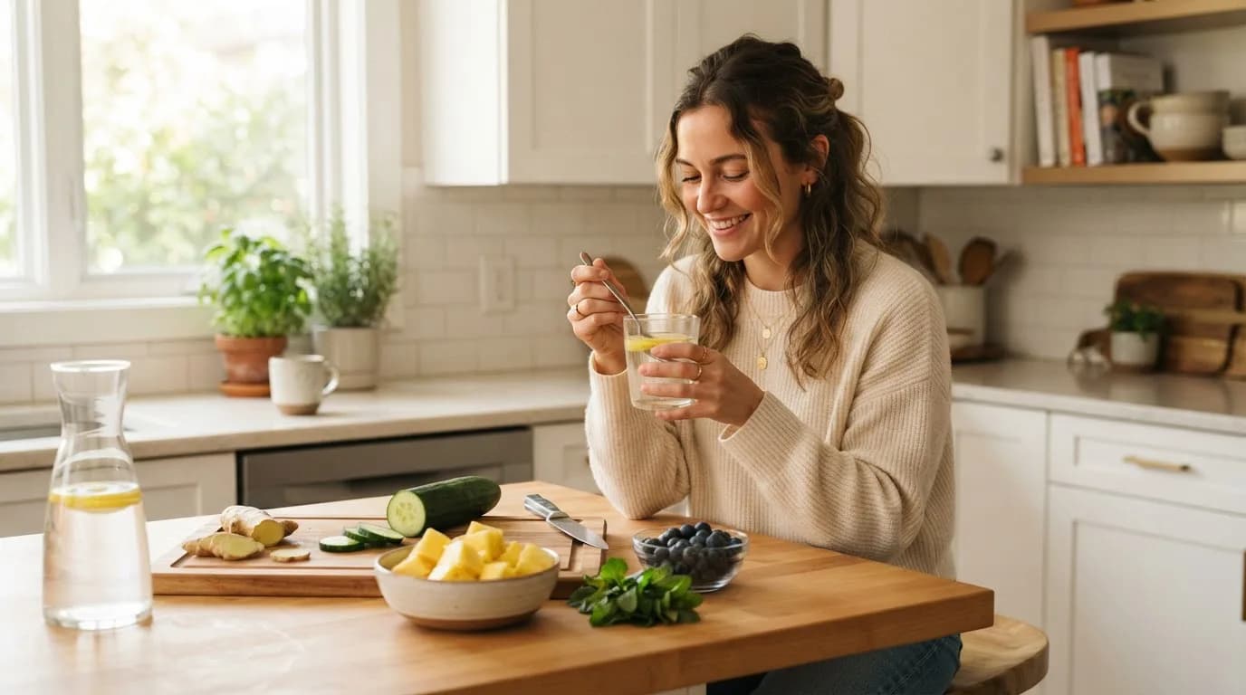 Woman drinking warm lemon water in a bright kitchen with ginger, cucumber, pineapple, blueberries and mint on the counter