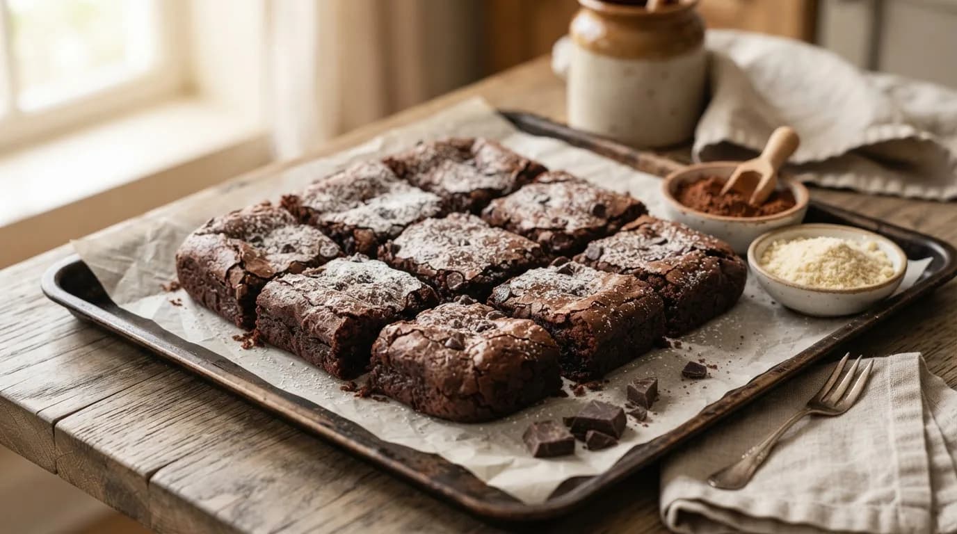 Fudgy keto brownies cut into squares on parchment paper with cocoa powder and almond flour in small bowls