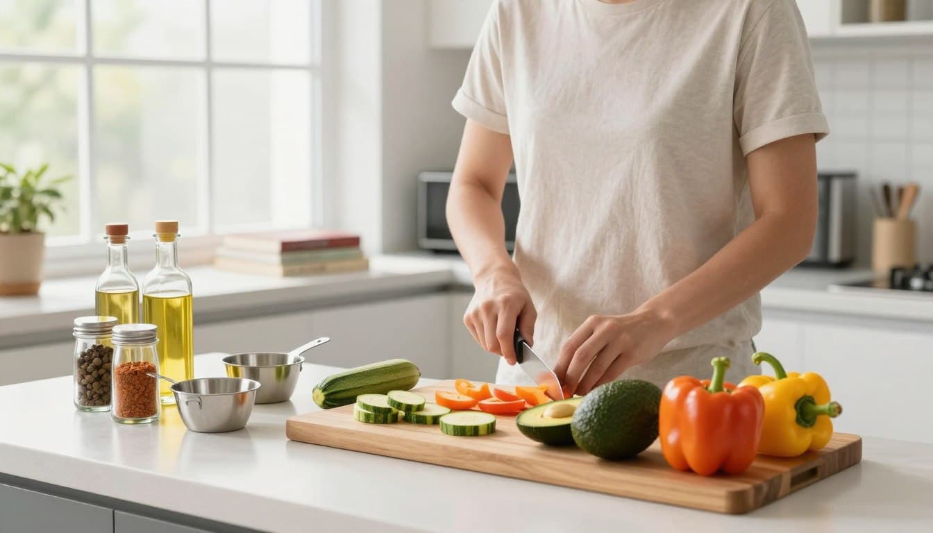 Keto kitchen preparation with low-carb ingredients and organized pantry staples