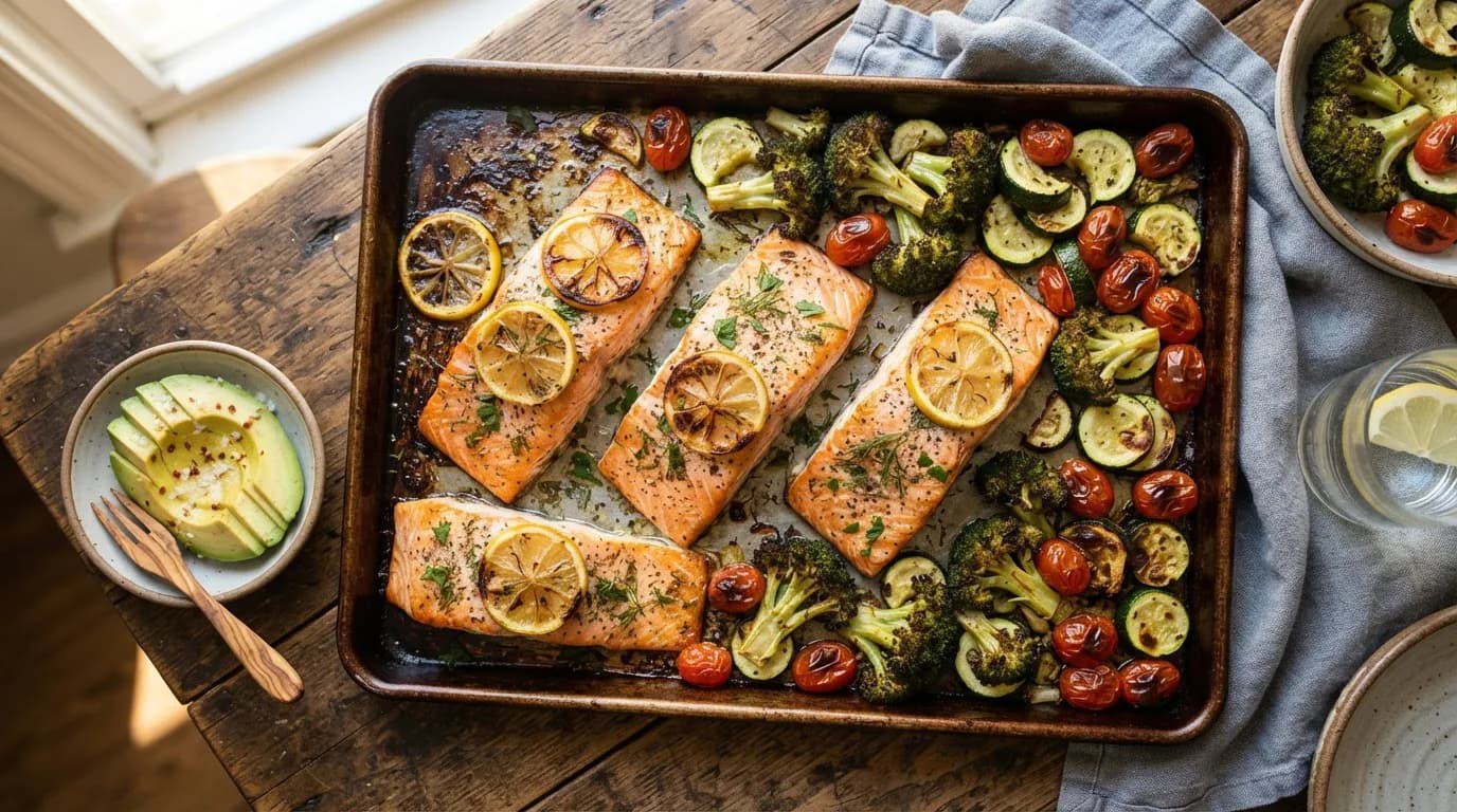Roasted salmon fillet with broccoli, zucchini, cherry tomatoes, sliced avocado and lemon on a white plate