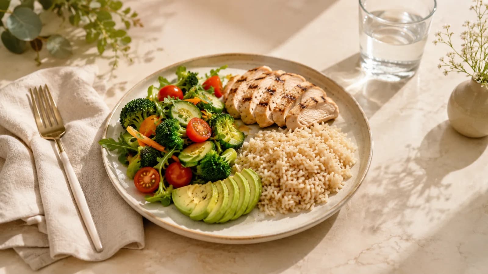 A balanced healthy plate with vegetables, protein, slow carbs, and healthy fats showing the lazy plate method for weight loss without counting calories.