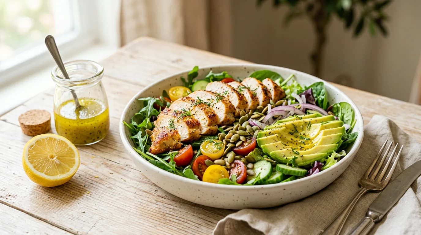 Low-carb chicken avocado salad with greens, tomatoes, cucumber and pumpkin seeds