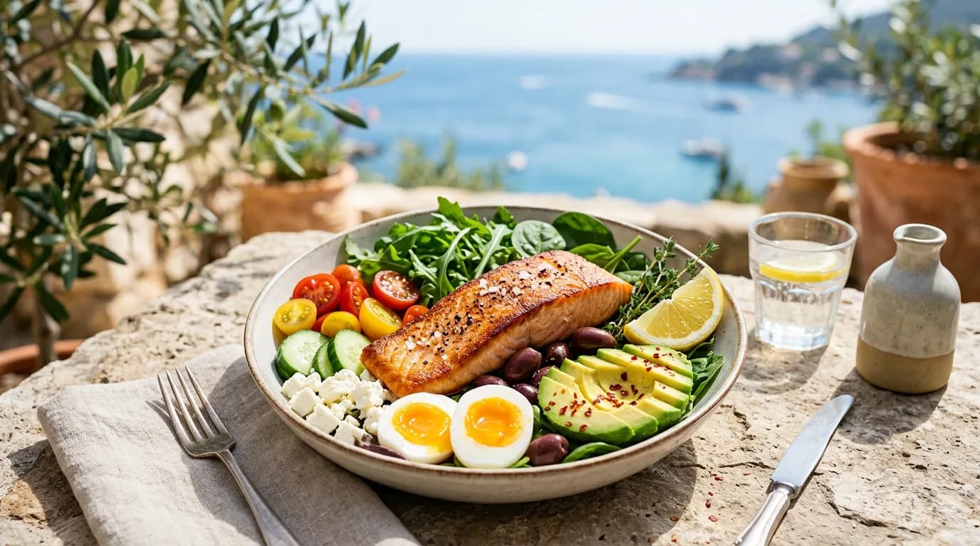 Mediterranean salad bowl with seared salmon, avocado, boiled eggs, feta, olives and cherry tomatoes