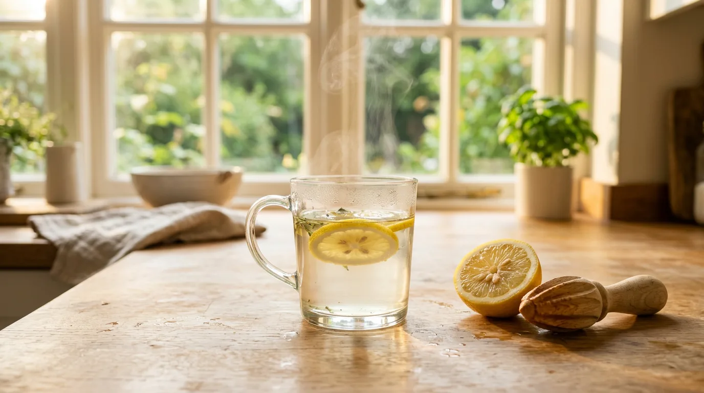 Glass mug of warm lemon water on a kitchen counter in morning sunlight