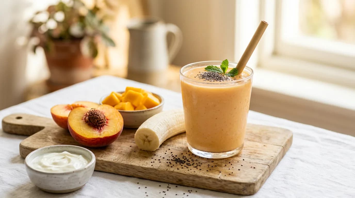 Peach mango smoothie with chia seeds next to fresh peach, mango, banana and yogurt
