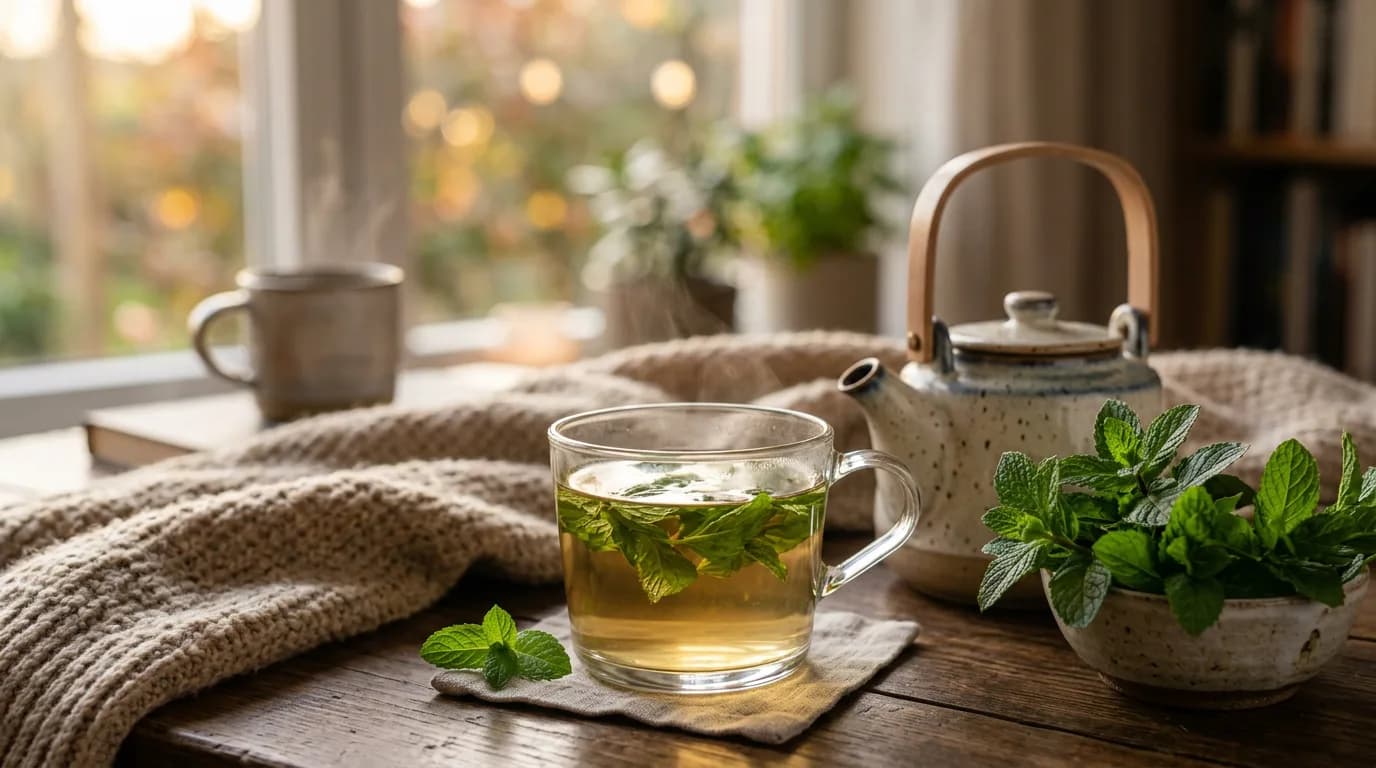 Glass cup of peppermint tea with fresh mint leaves and a teapot