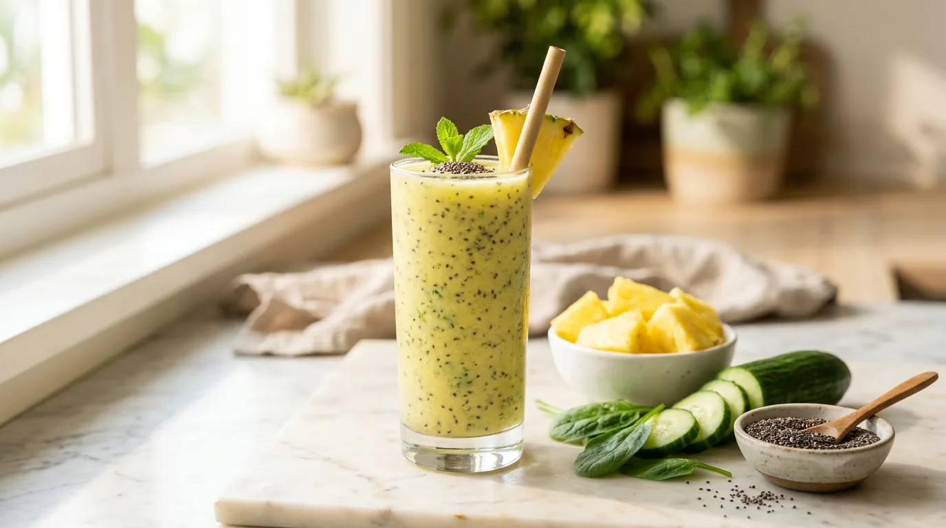 Pineapple chia smoothie in a tall glass with pineapple, spinach and cucumber