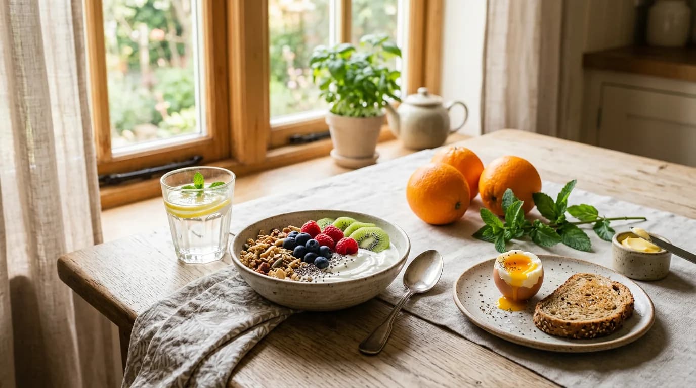Bright breakfast table with a yogurt fruit bowl, a glass of lemon water and fresh berries in morning light