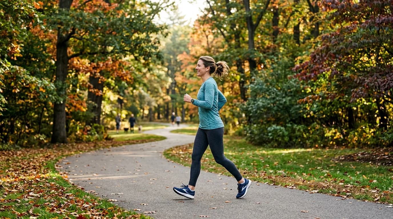 Woman walking briskly on a park path in autumn