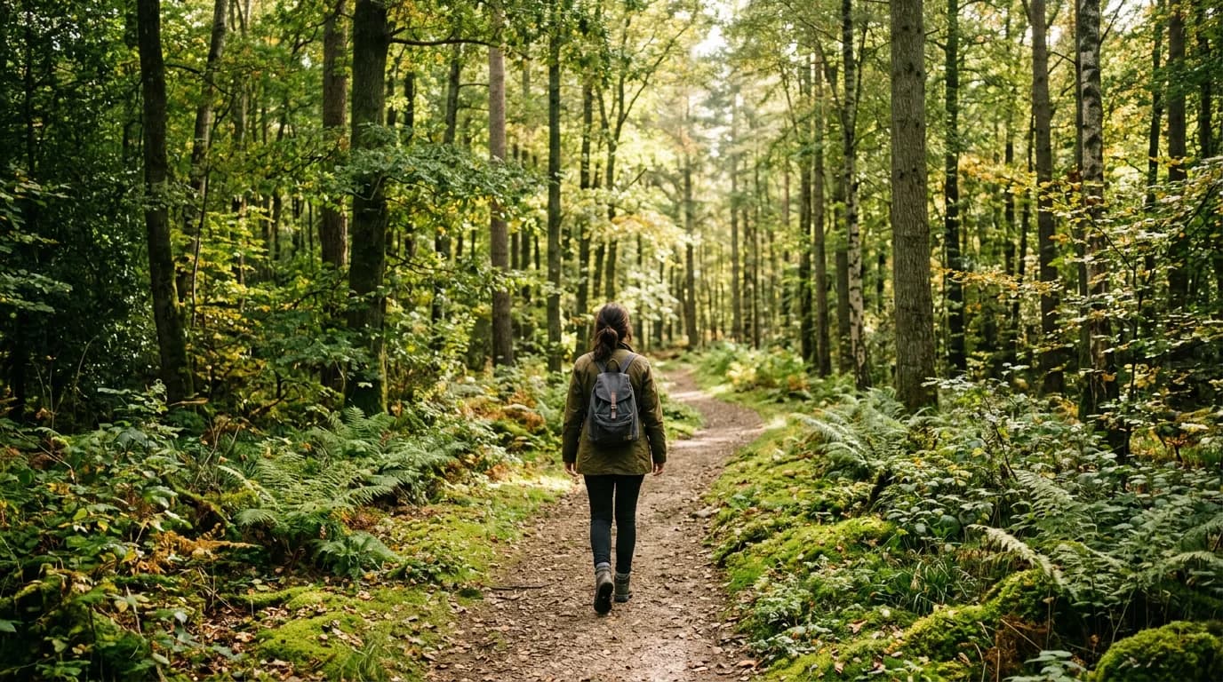 Woman walking on a peaceful forest trail