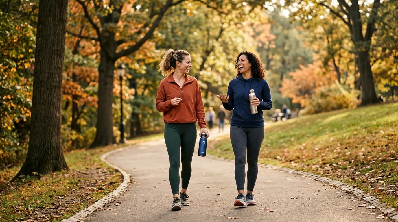 Two women friends walking and laughing together in a park