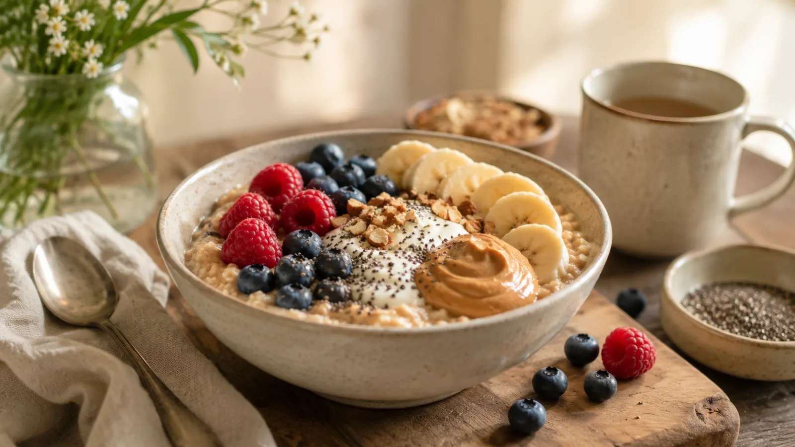 A warm bowl of oatmeal with berries, chia seeds, Greek yogurt, nuts, and peanut butter on a bright breakfast table.