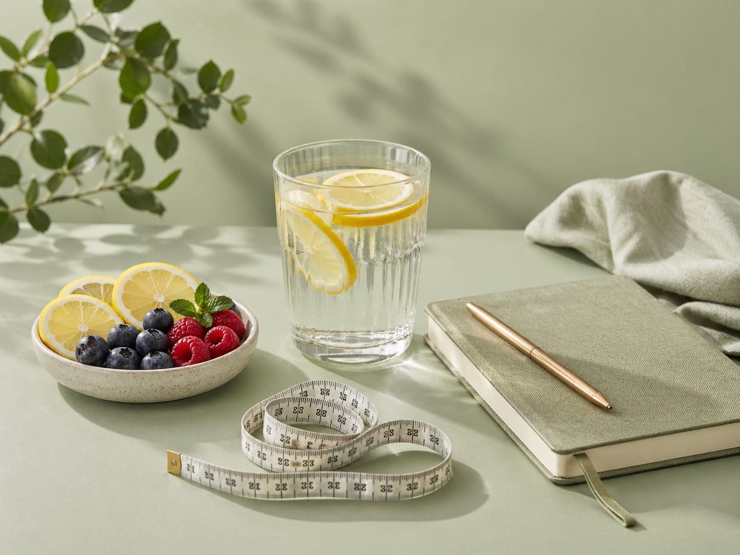 Measuring tape, lemon water, berries, and a wellness journal