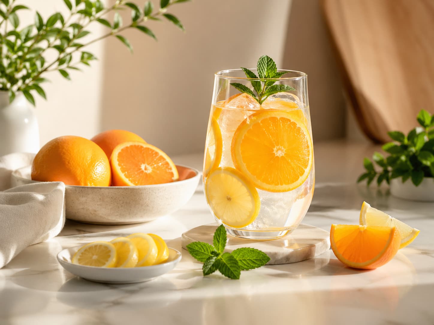 Refreshing citrus water with orange and lemon slices as a morning wellness ritual