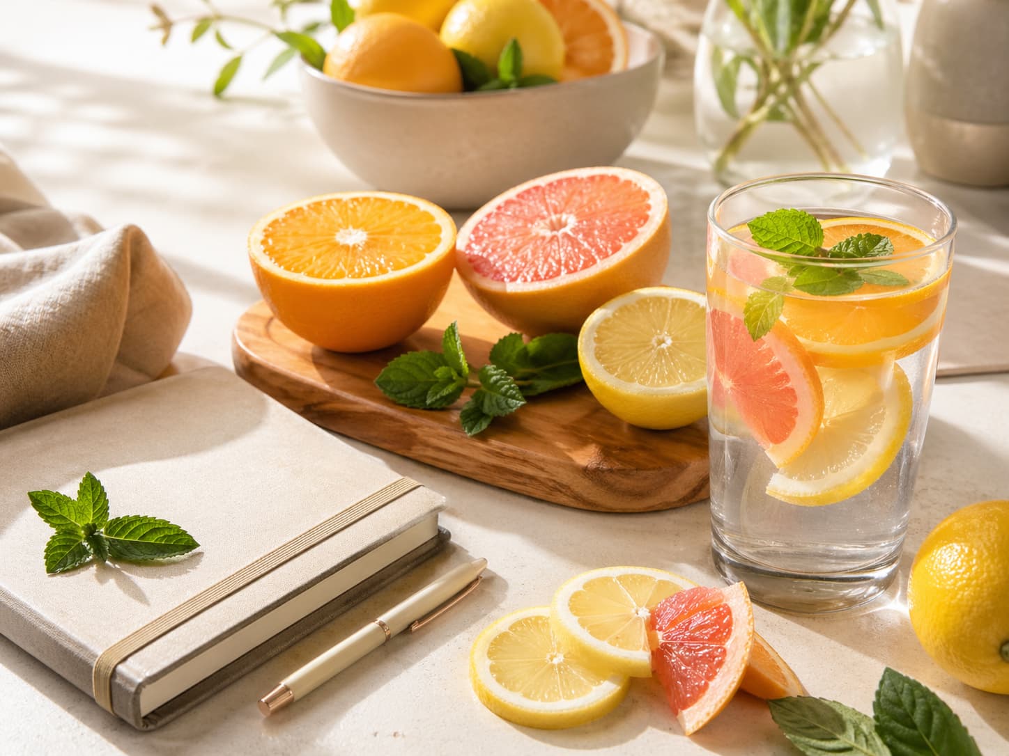 Citrus water with orange slices, lemon, mint, and a wellness journal on a bright table