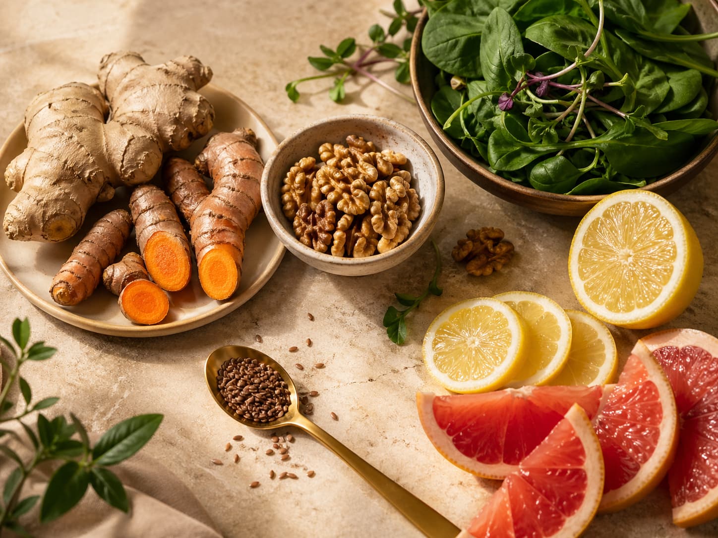Natural ingredients, herbs, citrus, and warm-toned foods representing whole-body wellness support