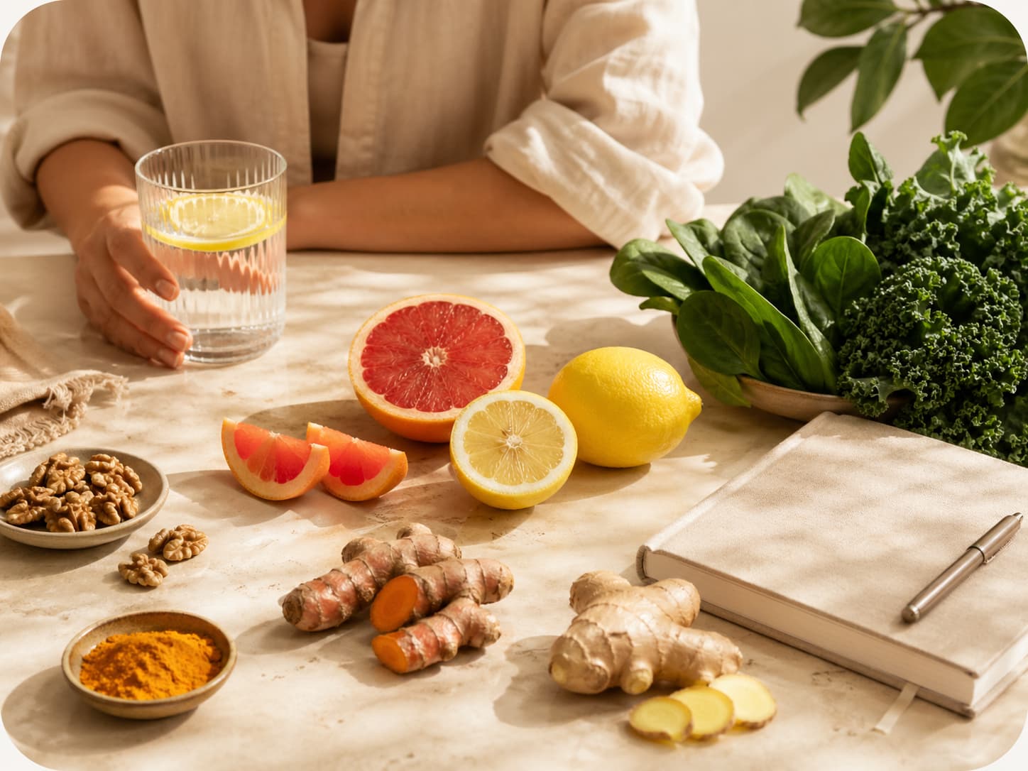 Fresh ingredients, citrus, greens, ginger, turmeric, and a wellness journal