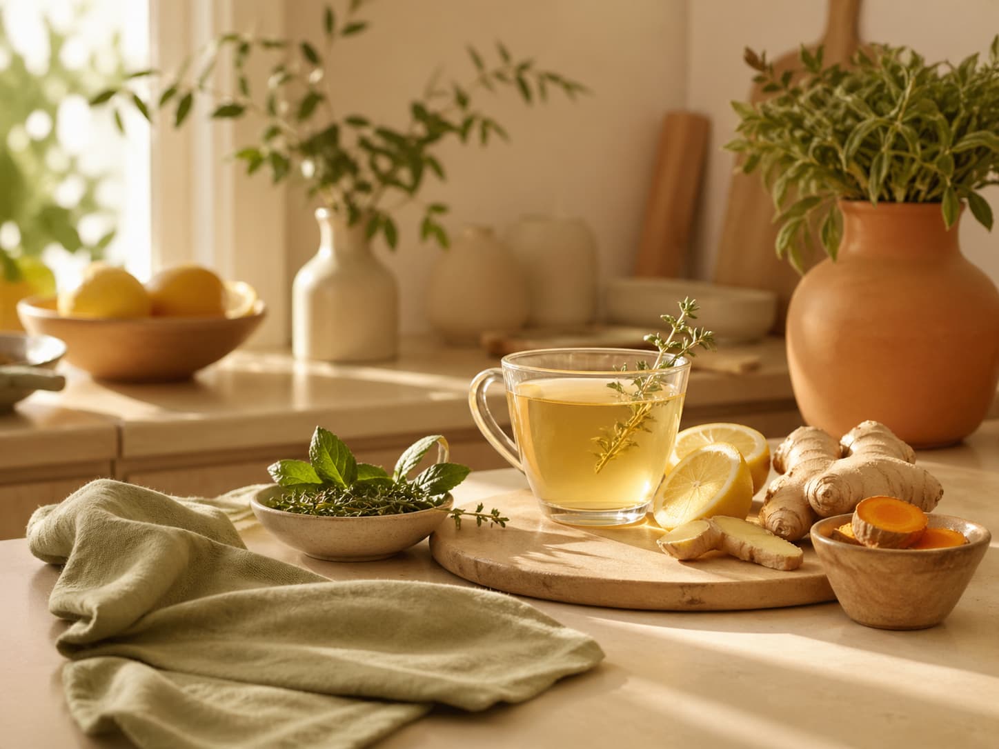 A calm wellness routine with fresh ingredients, herbal tea, and a healthy lifestyle setting