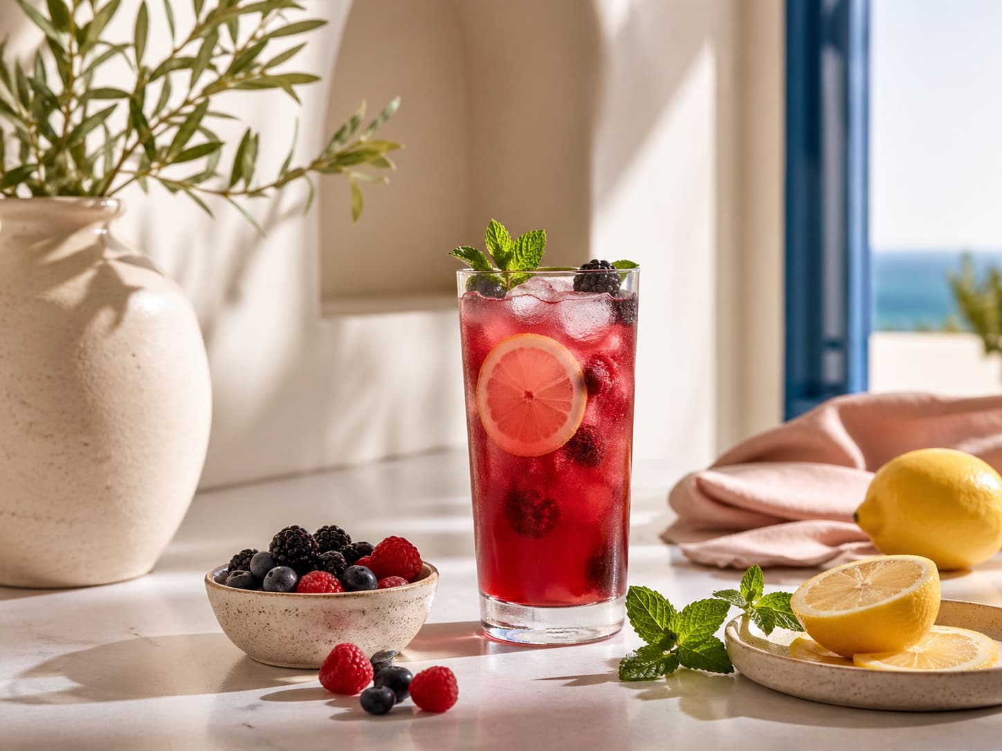 Pink berry citrus drink with fresh fruit and mint on a bright countertop