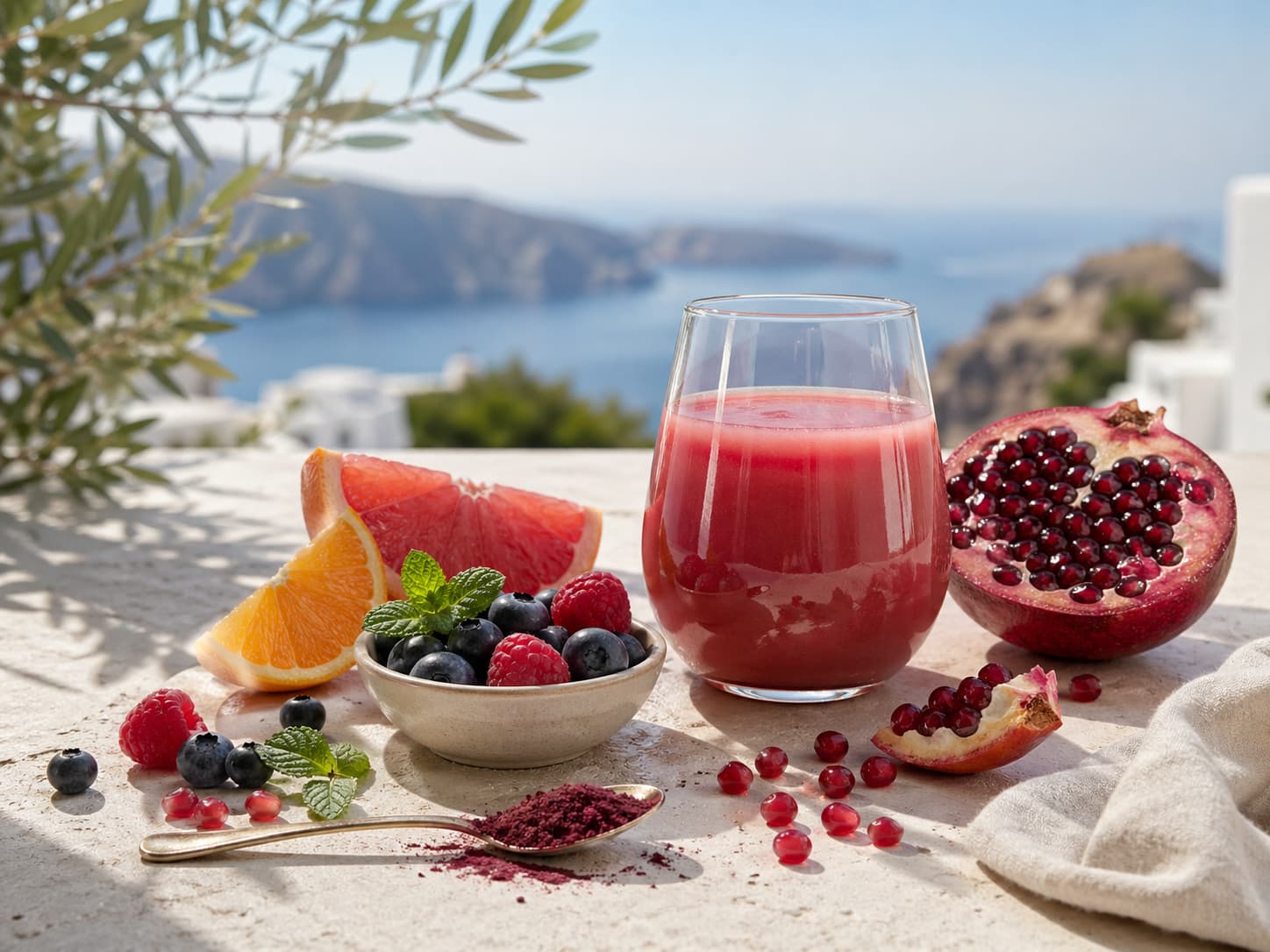 Berries, pomegranate, citrus, and natural ingredients for a morning wellness drink