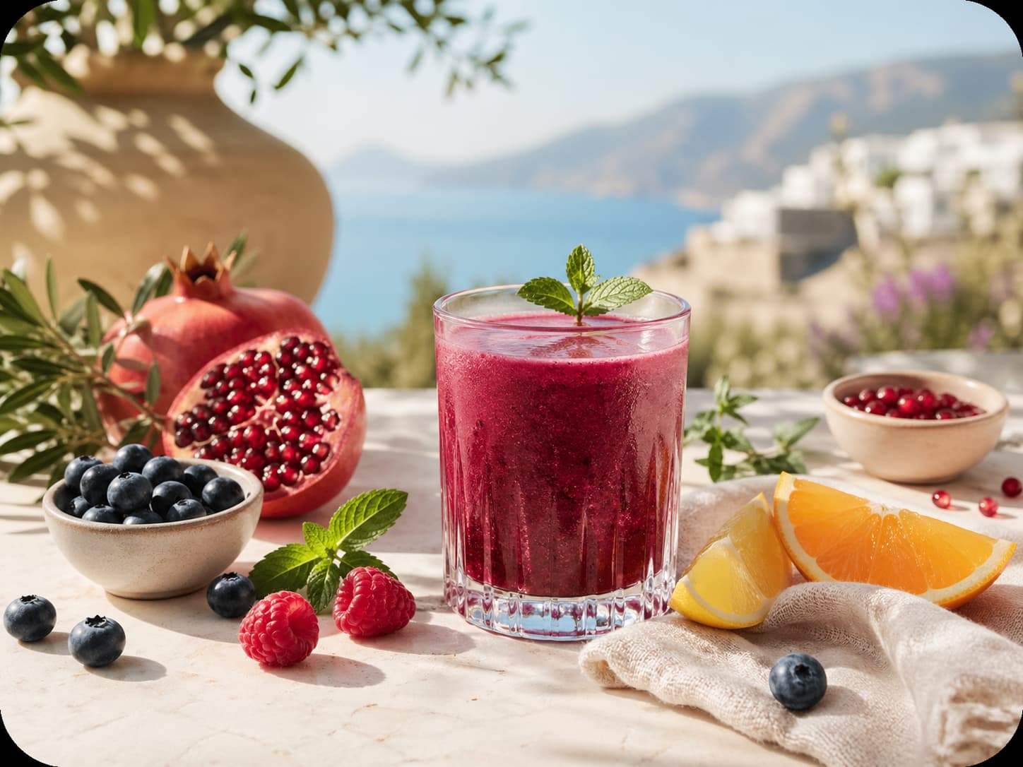 Berry-colored morning drink with fruit and citrus