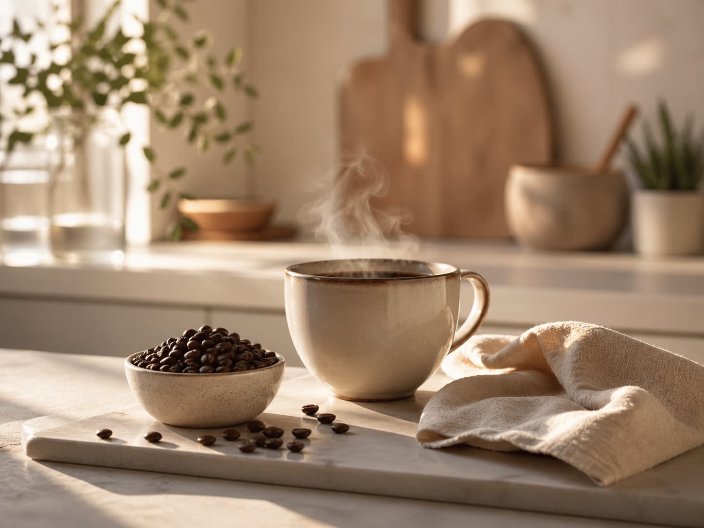 A warm cup of coffee with coffee beans and a calm morning kitchen background