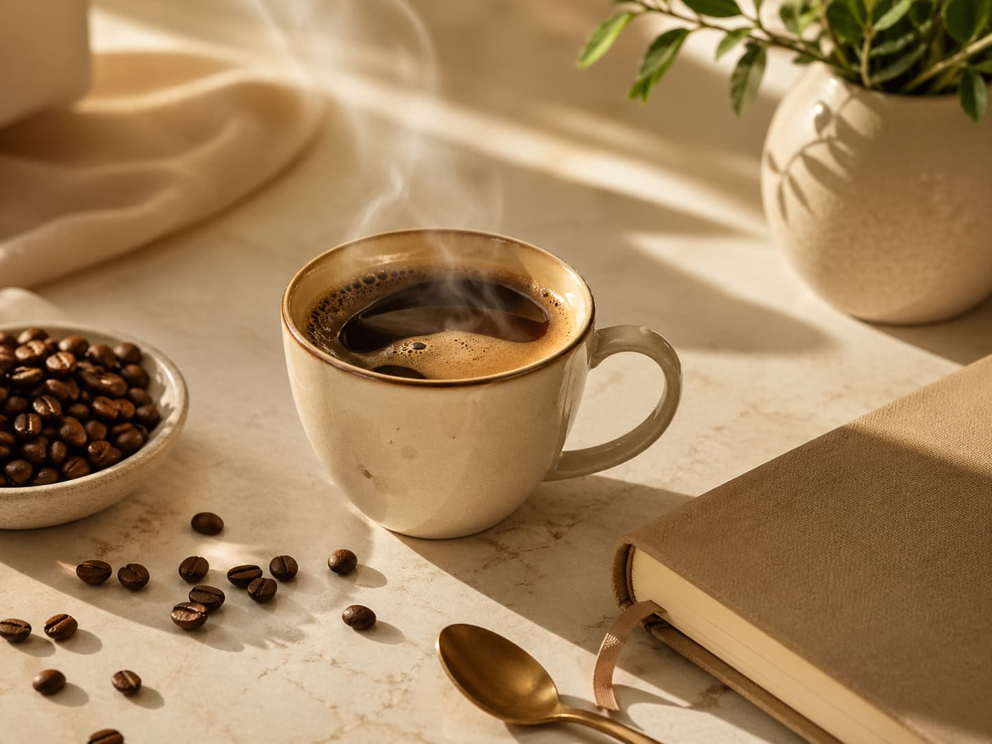 Morning coffee with coffee beans and journal
