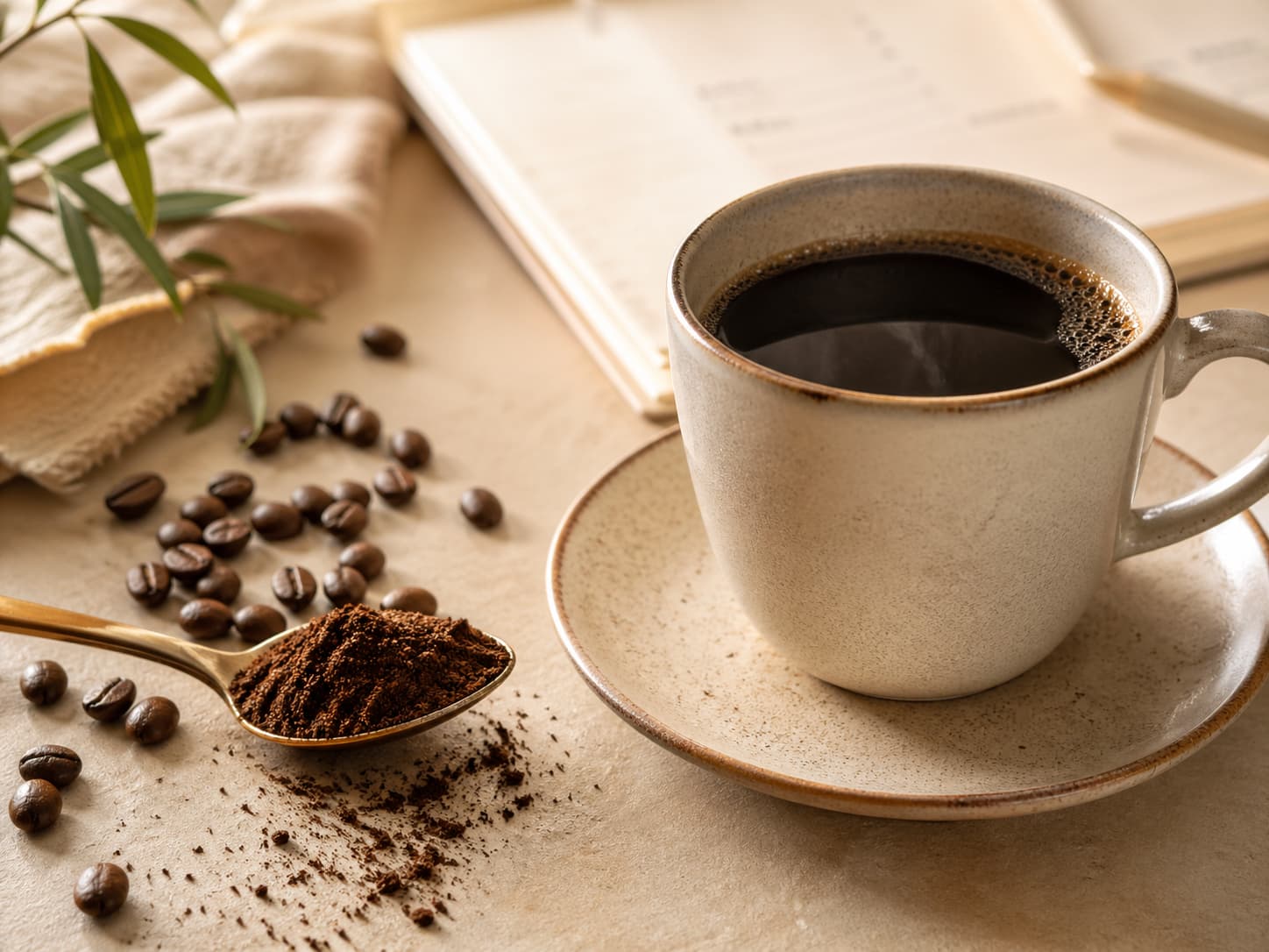 Coffee grounds, coffee beans, and a morning routine setup on a warm beige surface