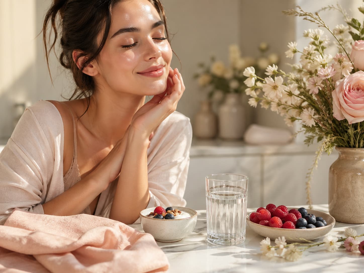 A calm healthy skin and wellness routine with fresh fruit, water, and soft natural light