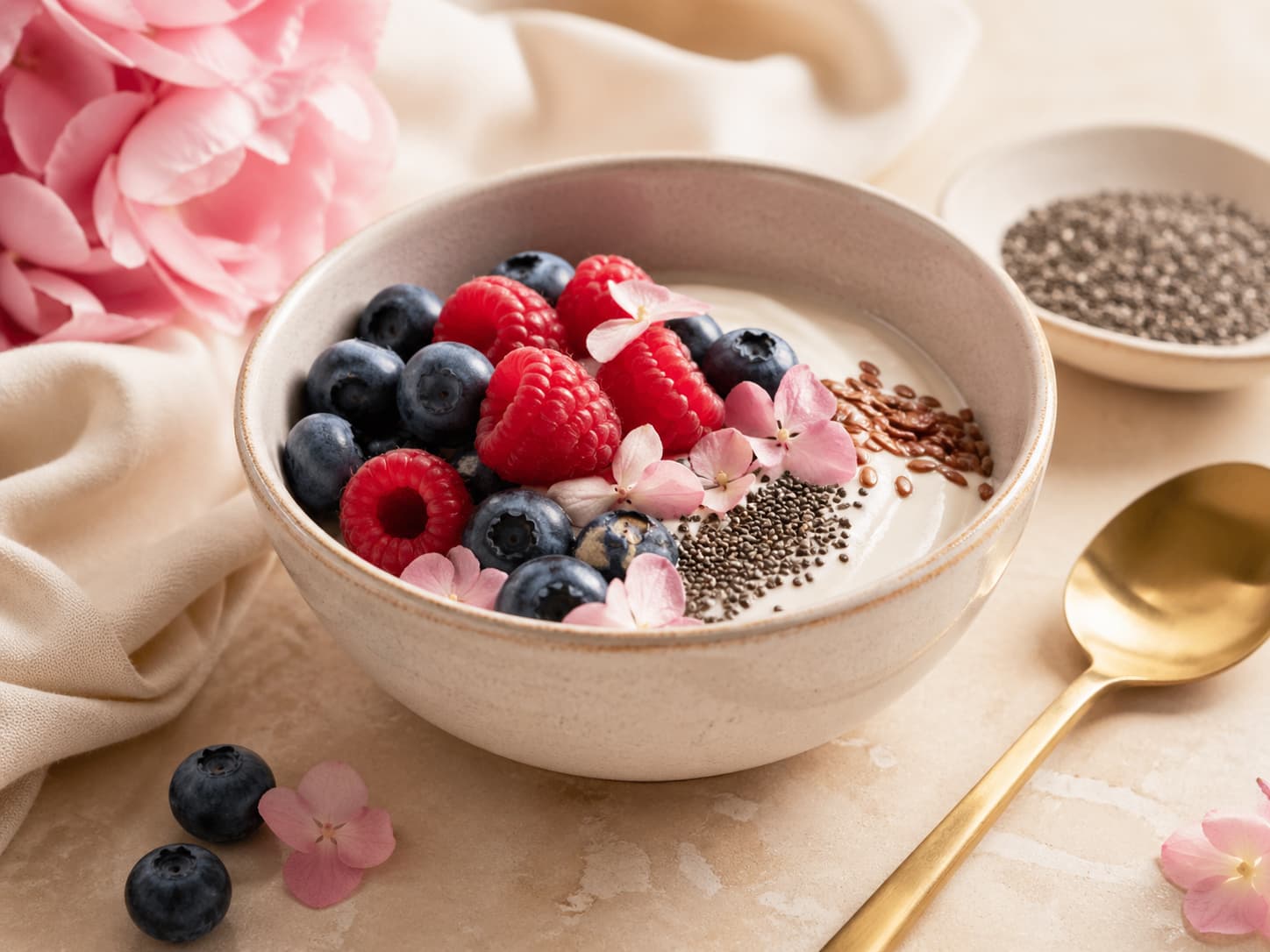 Berries, yogurt, seeds, flowers, and fresh ingredients representing gut-skin wellness