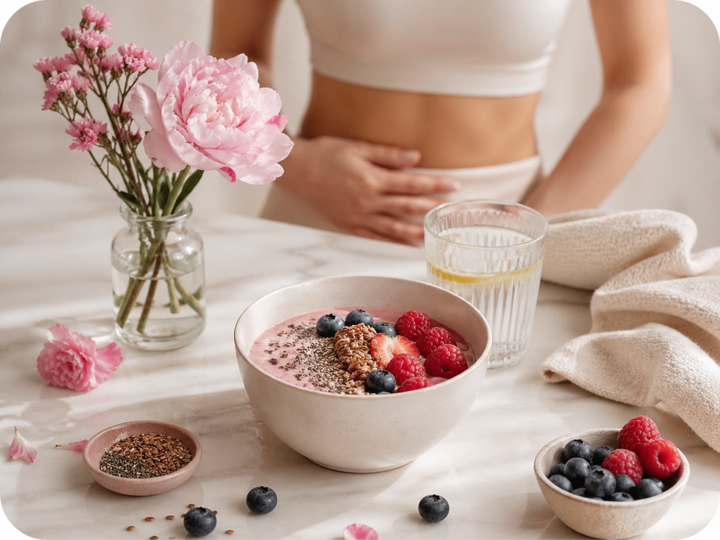 Beauty from within wellness setup with berries, flowers, yogurt, and water